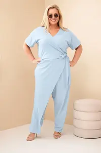 Dámský plus size bavlněný overal s vázáním v pase modrý