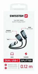 NABÍJECÍ AUDIO ADAPTÉR SWISSTEN TEXTILE USB-C / 2x USB-C, 0,12 M, ČERNÁ