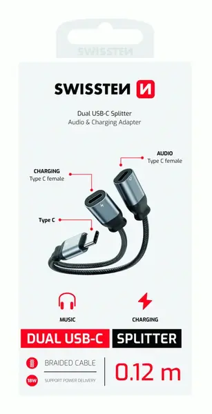 NABÍJECÍ AUDIO ADAPTÉR SWISSTEN TEXTILE USB-C / 2x USB-C, 0,12 M, ČERNÁ