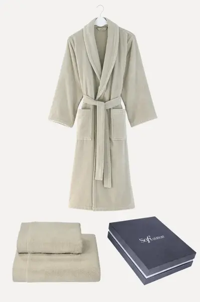 Unisex župan MICRO COTTON + ručník + osuška + dárkový box S Béžová