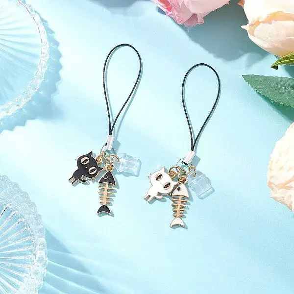 2Pcs Alloy Enamel Cat & Fishbone Charm Mobile Straps