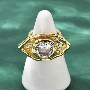 Brass Pave Cubic Zirconia Adjustable Open Cuff Rings for Women