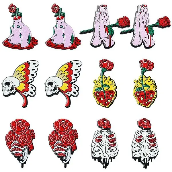 12Pcs 6 Styles Halloween Printed Acrylic Pendants