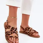 Boto Dámske sandále na plochom podpätku so zlatými cvočkami leopardí vzor Zanira