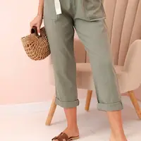 Kesi Włoski Dámske ľanové nohavice s bavlnou a opaskom khaki