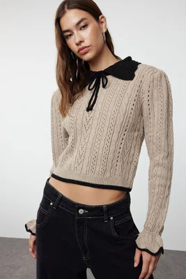 Trendyol Mink Crop Openwork/Hole Ribbon/Bow Detailed Knitwear Sweater