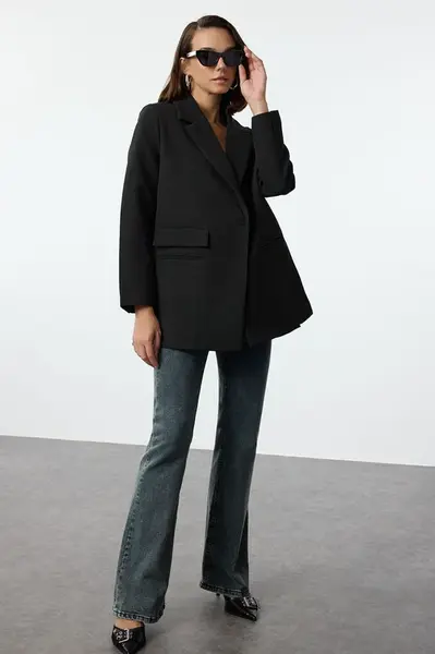 Trendyol Black Oversize Pocket Detailed Woven Blazer Jacket