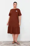 Trendyol Curve Brown Skirt Ruffled Label Detailed 100% Cotton Knitted Plus Size T-shirt Dress
