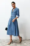 Trendyol Light Blue Belted Jacket Collar Maxi Denim Dress