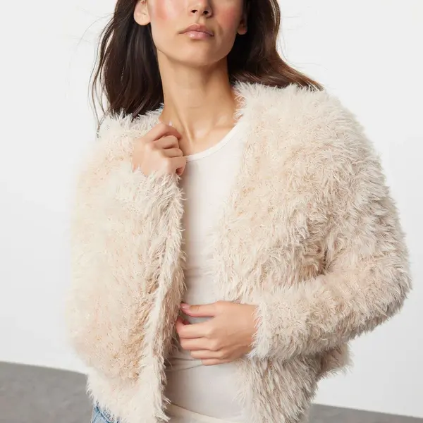 Trendyol Stone Soft Textured Furry Coat Look Knitwear Cardigan