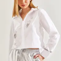 Bianco Lucci Women's Stone Embroidered Poplin Shirt