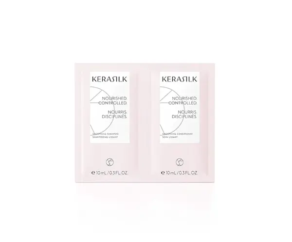 Vyhladzujúci šampón a kondicionér pre krepaté a nepoddajné vlasy Kerasilk Smoothing - 2 x 10 ml (511430)