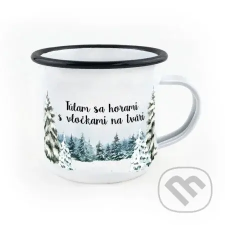 Smaltovaný hrnček Túlam sa horami s vločkami na tvári