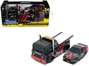JDM Flatbed Truck 25 Black and Red and 1983-85 Toyota Trueno Sprinter (AE86) 25 Black and Red "Advan" Livery "Muscle Transports" Series 1/64 Diecast