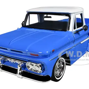 1966 GMC C1000 Fenderside Pickup Truck Lowrider Blue with White Top "Get Low" Series 1/24 Diecast Model Car by Motormax