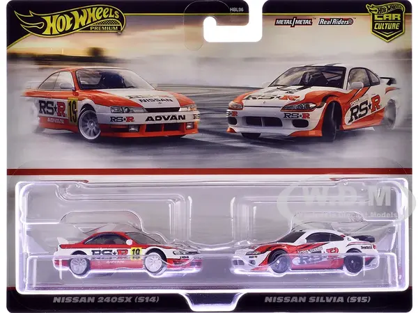 Nissan 240SX (S14) RHD (Right Hand Drive) 19 Red and White and Nissan Silvia (S15) RHD (Right Hand Drive) Red and White "Car Culture" Set of 2 Cars D
