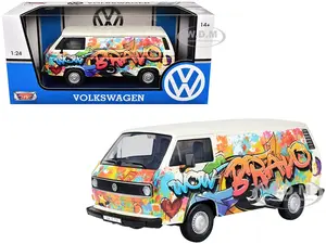 Volkswagen Type 2 (T3) Van White Metallic with Graffiti Graphics 1/24 Diecast Model Car by Motormax