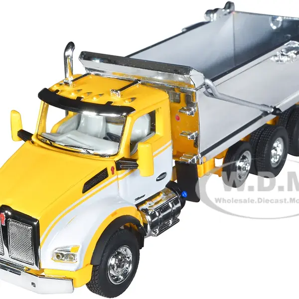 Kenworth T880 Day Cab with Rogue Transfer Dump Body Truck Yellow with White and Chrome 1/64 Diecast Model by DCP/First Gear