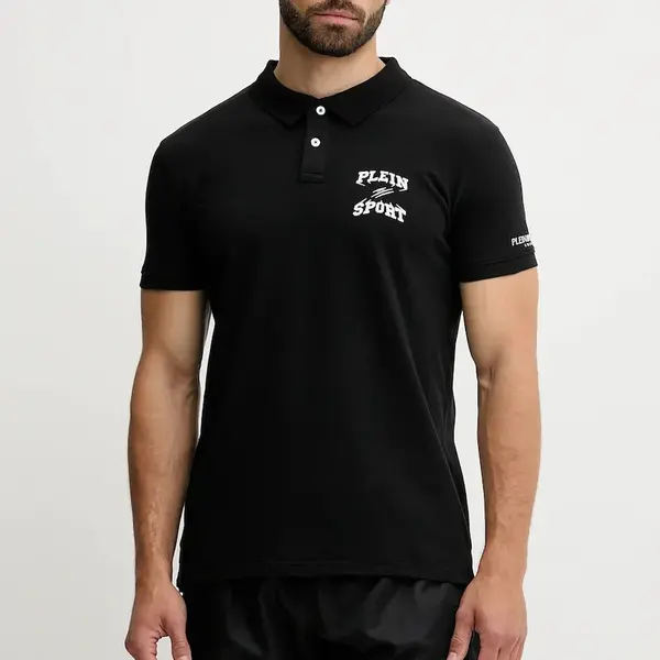 Polo tričko PLEIN SPORT pánské, černá barva, s potiskem, PS25MPL01