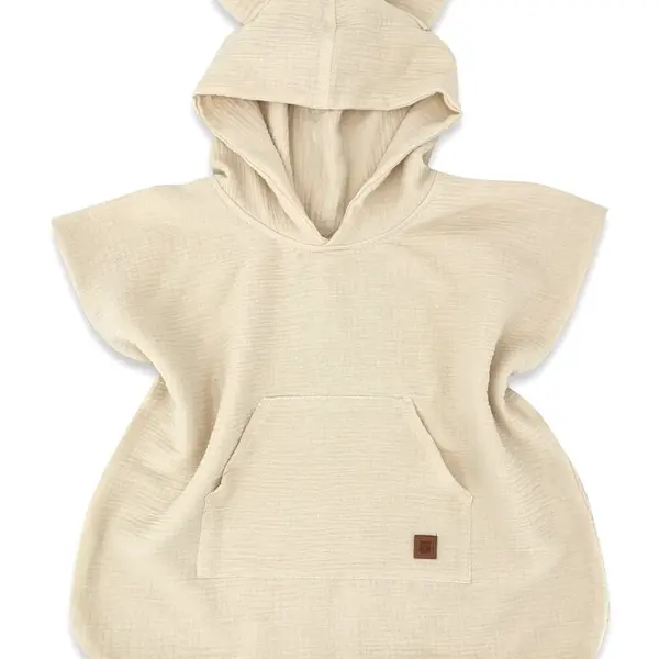 Baby Nellys Dětské mušelínové pončo lux s kapucí Teddy, rychleschnoucí, béžové, 110/122