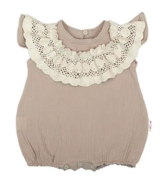 Baby Nellys Body s nohavičkami, mušelín s krajkou BOHO - béžové
