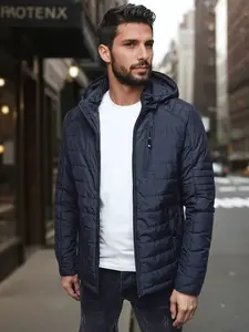 Pánská prošívaná bunda s kapucí, modrá