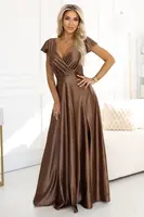 411-14 CRYSTAL satin long dress with a neckline - mocha mousse