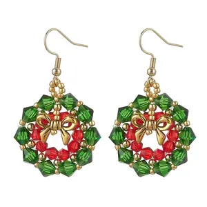Stainless Steel Glass Christmas Wreath Dangle Earrings