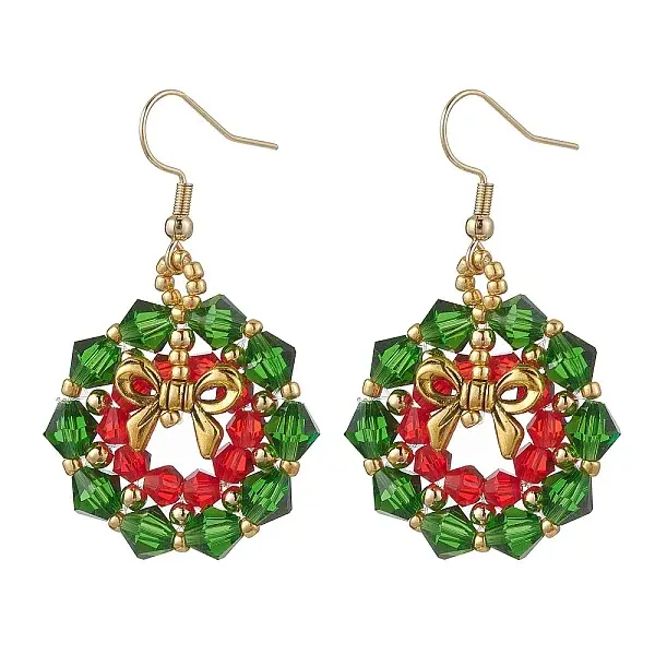 Stainless Steel Glass Christmas Wreath Dangle Earrings