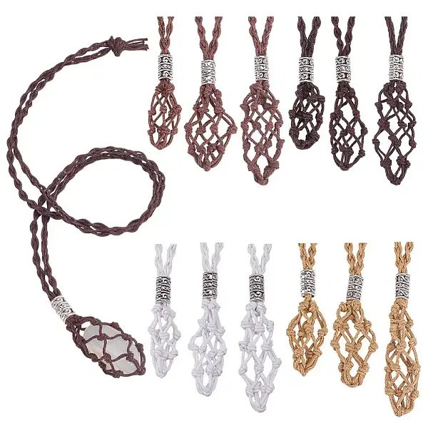 12Pcs 4 Colors Waxed Cotton Thread Macrame Pouch Necklaces