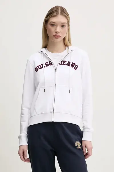 Bavlněná mikina Guess Jeans dámská, bílá barva, s kapucí, melanžová, W5RQ20 K68I4