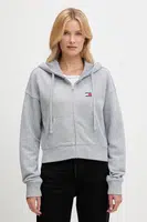 Bavlněná mikina Tommy Jeans dámská, šedá barva, s kapucí, s aplikací, DW0DW21147