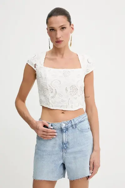 Bavlněná halenka Guess DOMITILLE dámská, bílá barva, hladká, W5GH65 WH521