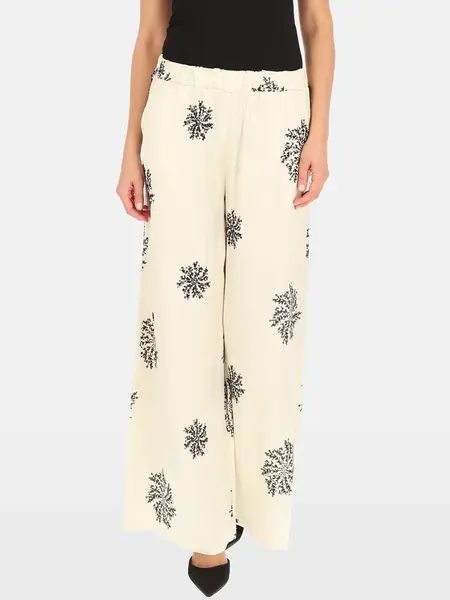 PERSO Woman's Wide women's trousers decorated with sequin embroidery