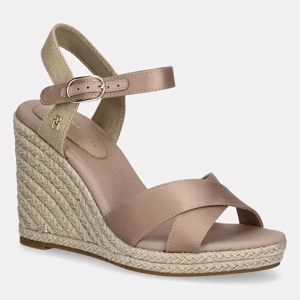 Sandály Tommy Hilfiger SATIN HIGH WEDGE ESPADRILLE béžová barva, FW0FW08602