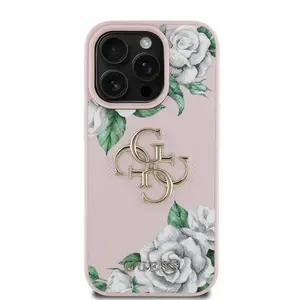 Zadní kryt Guess PU Grained Roses 4G Metal Logo pro Apple iPhone 16 Pro, růžová