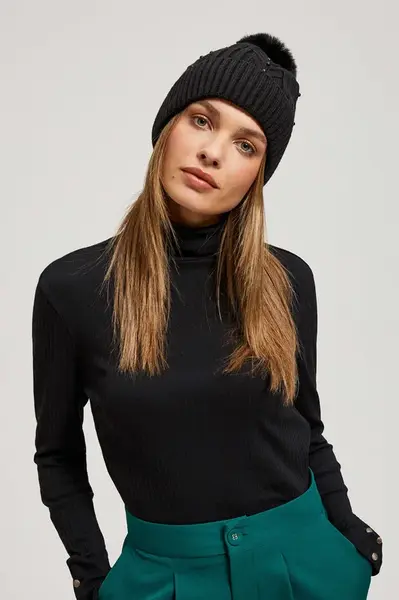 Marisse Black Beaded Pompom Hat