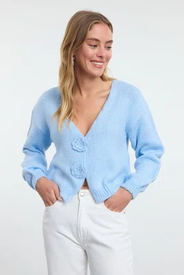 Trendyol Light Blue Rose Detailed Knitwear Cardigan
