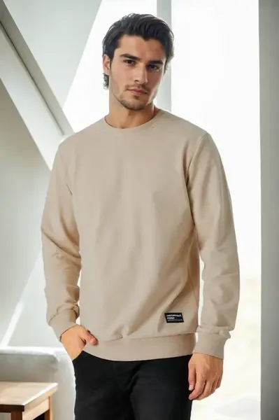 64602 Dewberry Basic Crew Neck Mens Sweatshirt-BEIGE