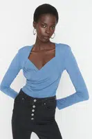 Trendyol Indigo Páskový Drapovaný Detailní Přiléhavý/Umístěný Elastický Zapínací Pletený Body