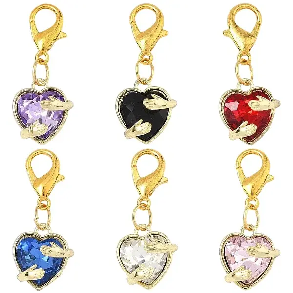12Pcs 6 Styles Heart Alloy Glass Pendant Decorations