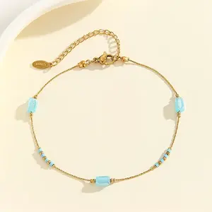 304 Stainless Steel with Glass Column Bead Anklets