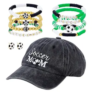 Polymer Clay & Brass Acrylic Beaded Stretch Bracelets & Football Alloy Enamel Stud Earrings & Polyester Baseball Cap