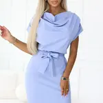 240-6 ROXI dress with asymmetrical skirt and belt - light blue