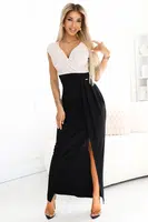 451-3 Shiny dress with short sleeves, neckline and slit on the leg - black and beige with glitter