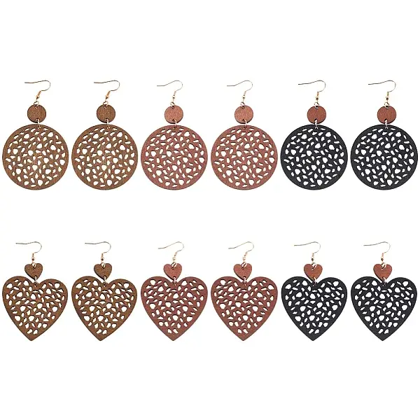 6 Pairs 6 Styles Wood Dangle Earrings with Iron Earring Pins