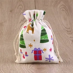 Christmas Theme Linenette Drawstring Bags