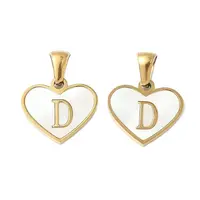 304 Stainless Steel Pave Natural White Shell Heart with Initial Slice Pendants