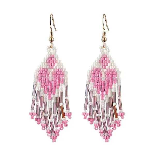 Heart Glass Seed Beaded Tassel Dangle Earrings for Women