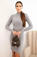 Kesi Włoski Dámská viskózová pruhovaná šaty s dlouhým rukávem a stojáčkem šedá